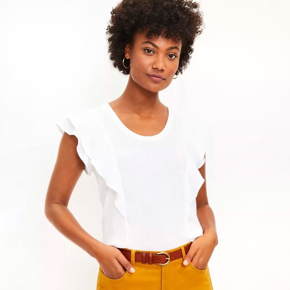 LOFT White Ruffled Sleeveless Blouse with Scoop Neck